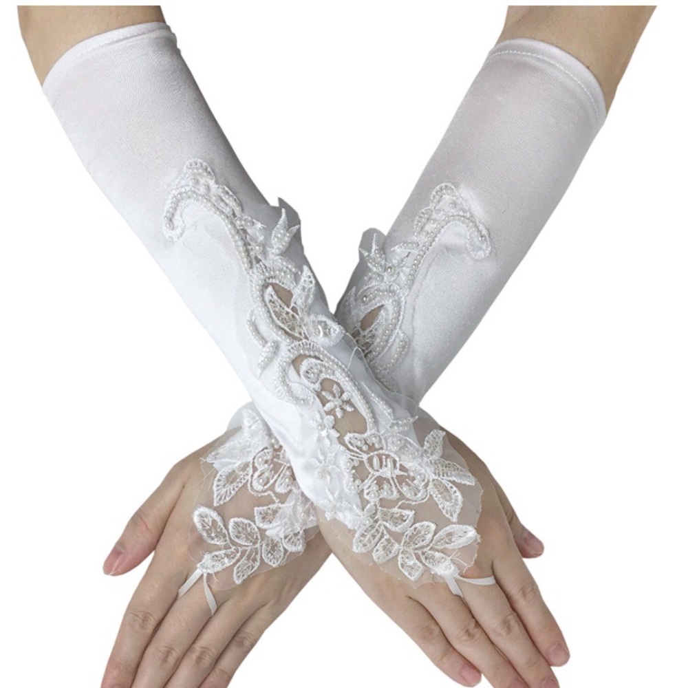 Formal White Satin Embroidered Fingerless Gloves